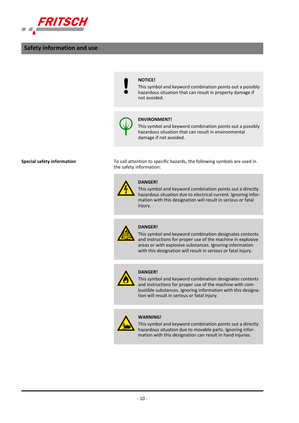 Safety information and use | FRITSCH PULVERISETTE 13 classic line User Manual | Page 10 / 48