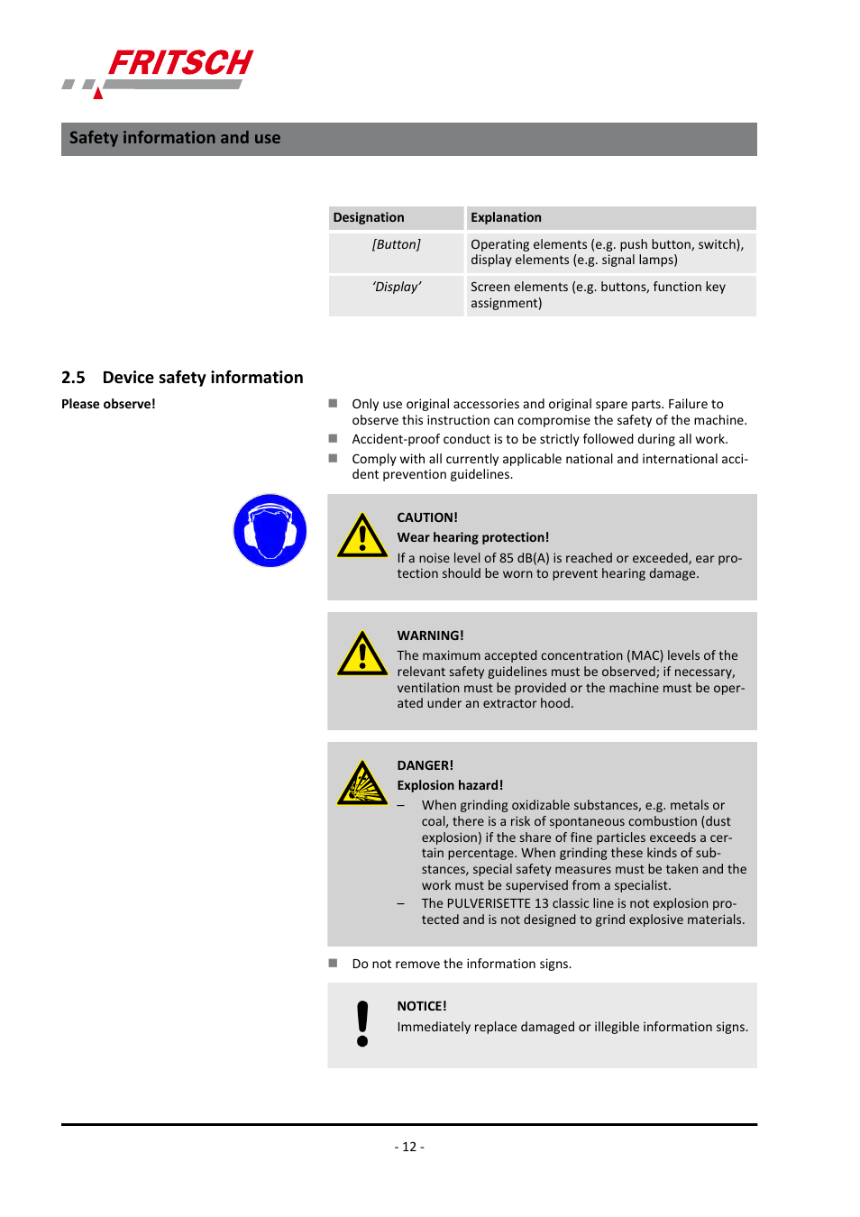 5 device safety information, Safety information and use | FRITSCH PULVERISETTE 13 classic line User Manual | Page 12 / 48