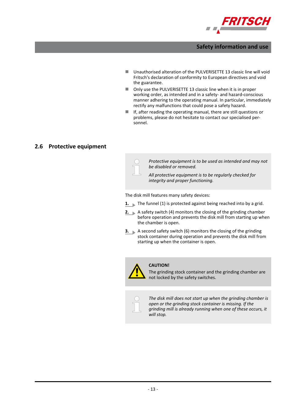 6 protective equipment, Safety information and use | FRITSCH PULVERISETTE 13 classic line User Manual | Page 13 / 48