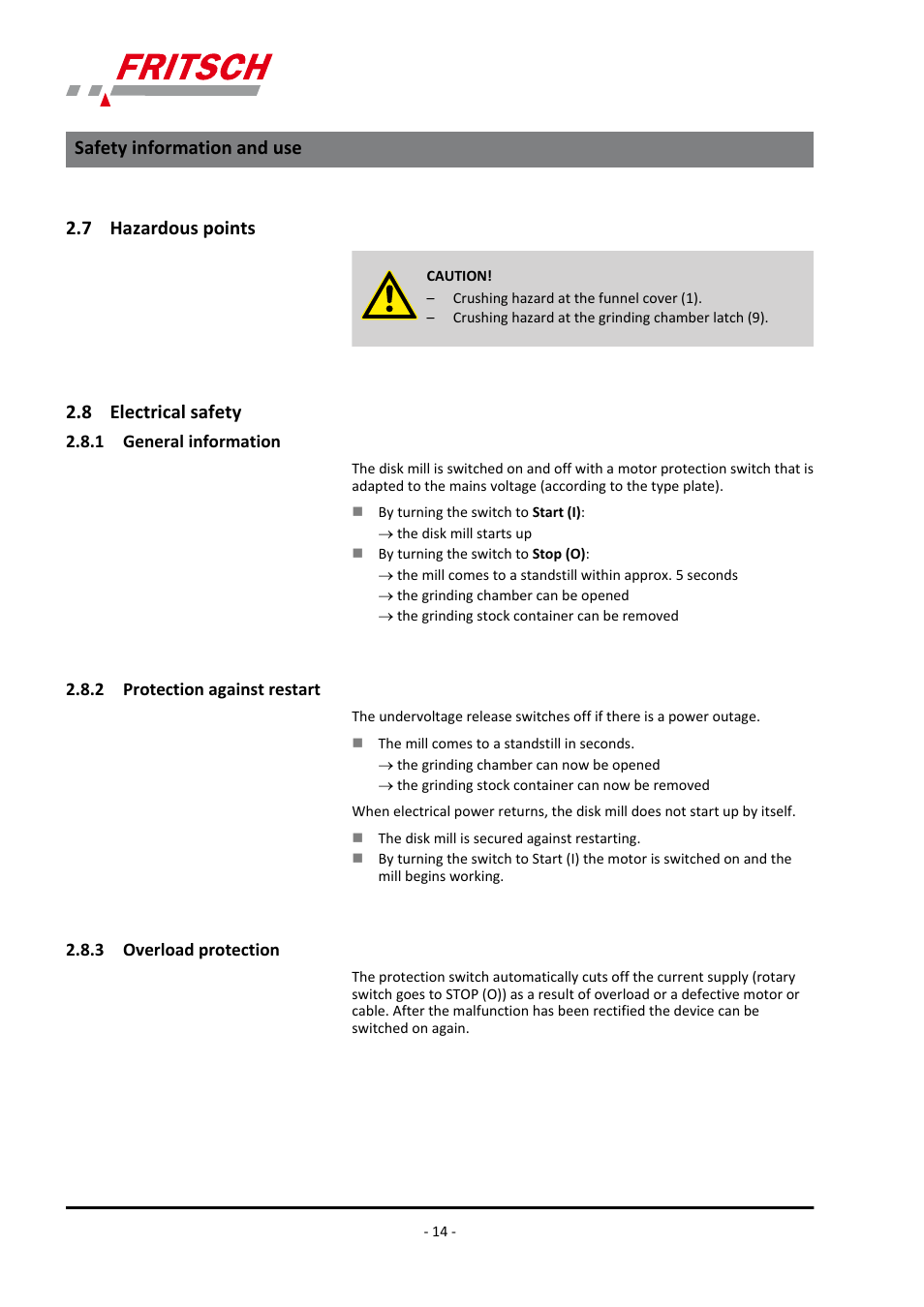 7 hazardous points, 8 electrical safety, 1 general information | 2 protection against restart, 3 overload protection | FRITSCH PULVERISETTE 13 classic line User Manual | Page 14 / 48