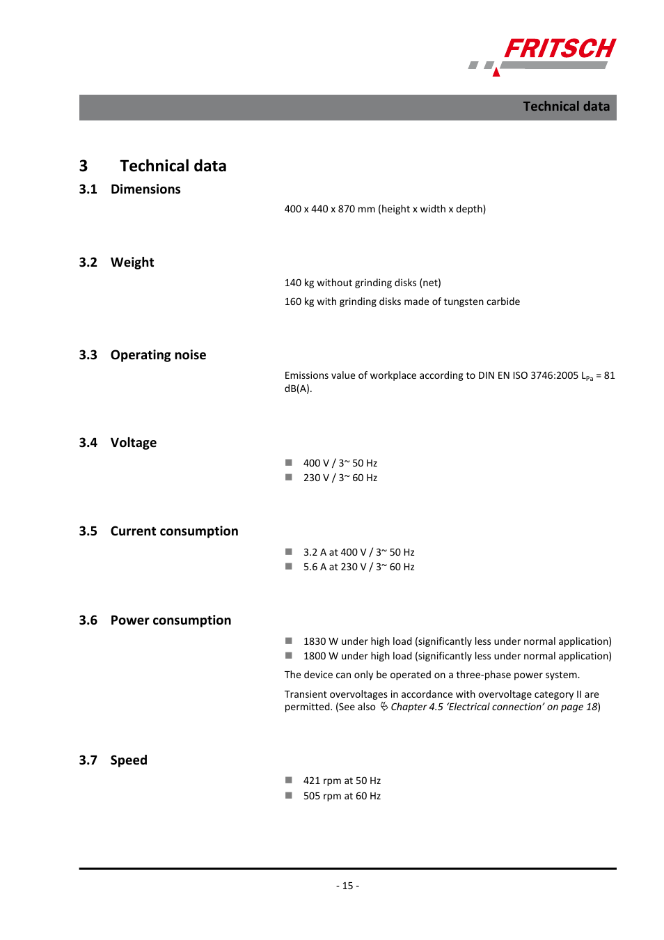 3 technical data, 1 dimensions, 2 weight | 3 operating noise, 4 voltage, 5 current consumption, 6 power consumption, 7 speed, 3technical data | FRITSCH PULVERISETTE 13 classic line User Manual | Page 15 / 48
