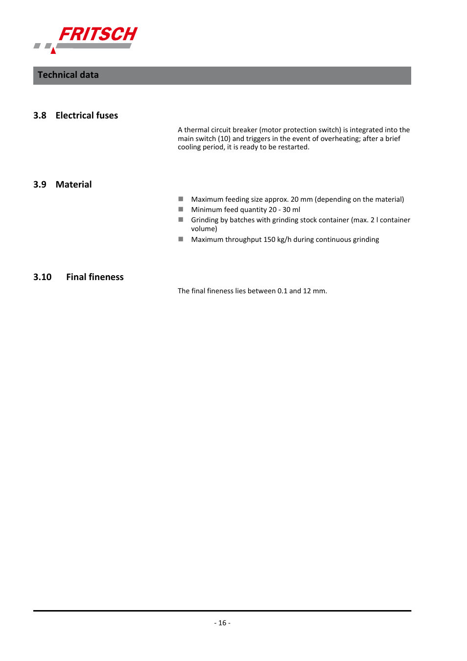 8 electrical fuses, 9 material, 10 final fineness | FRITSCH PULVERISETTE 13 classic line User Manual | Page 16 / 48