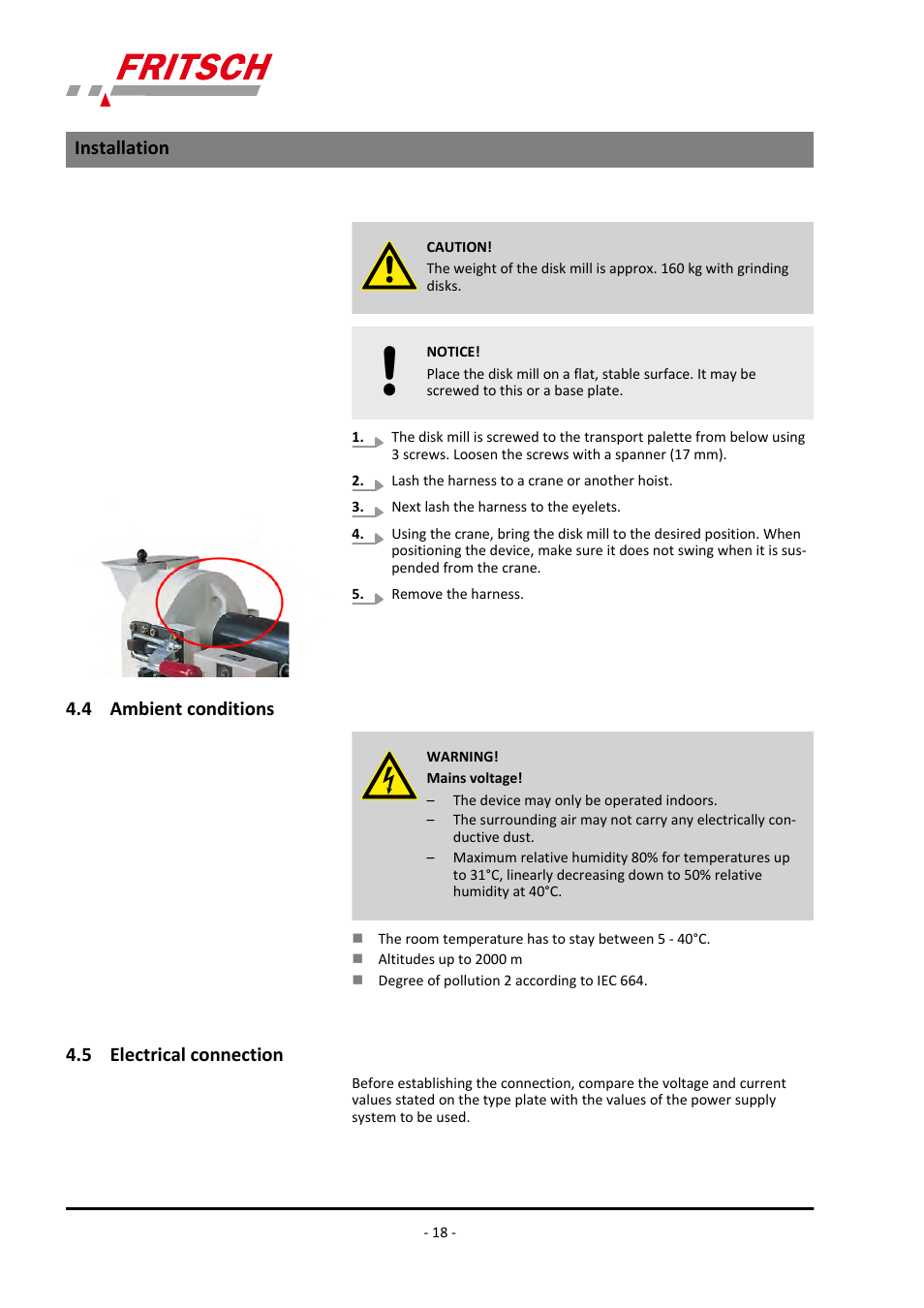 4 ambient conditions, 5 electrical connection, 4 ambient conditions 4.5 electrical connection | Installation | FRITSCH PULVERISETTE 13 classic line User Manual | Page 18 / 48