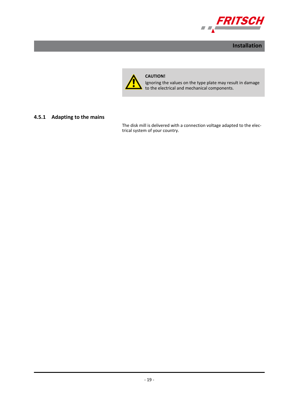 1 adapting to the mains, Installation | FRITSCH PULVERISETTE 13 classic line User Manual | Page 19 / 48
