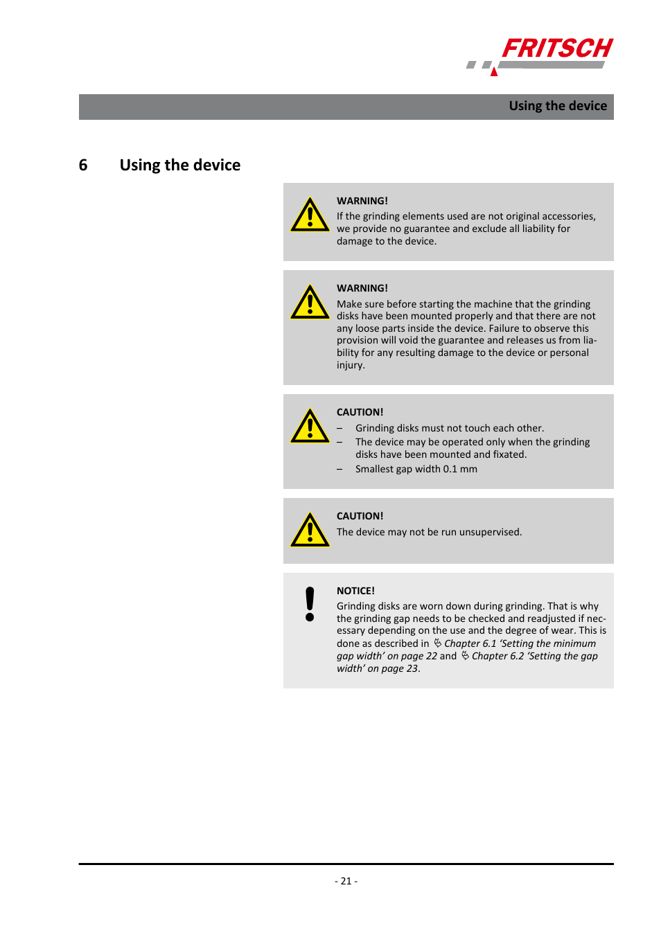 6 using the device, Using the device, 6using the device | FRITSCH PULVERISETTE 13 classic line User Manual | Page 21 / 48