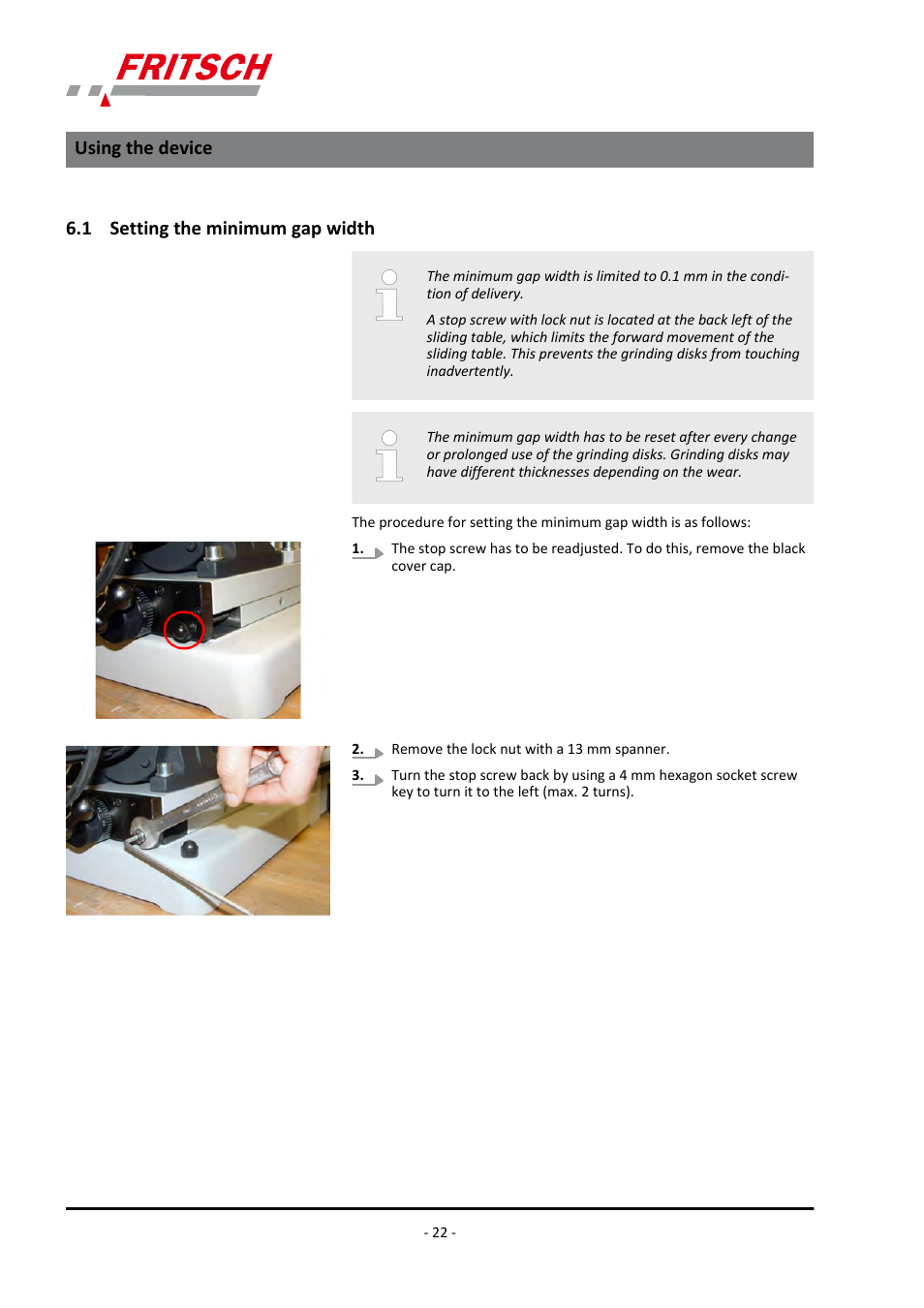 1 setting the minimum gap width, Ä chapter 6.1 ‘setting the minimum, Using the device | FRITSCH PULVERISETTE 13 classic line User Manual | Page 22 / 48