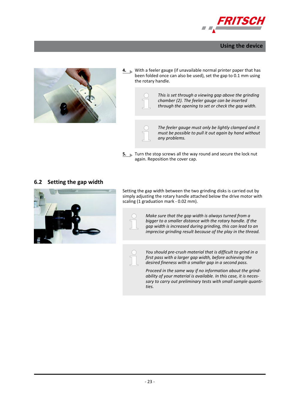 2 setting the gap width, Ä chapter 6.2 ‘setting the gap, Using the device | FRITSCH PULVERISETTE 13 classic line User Manual | Page 23 / 48