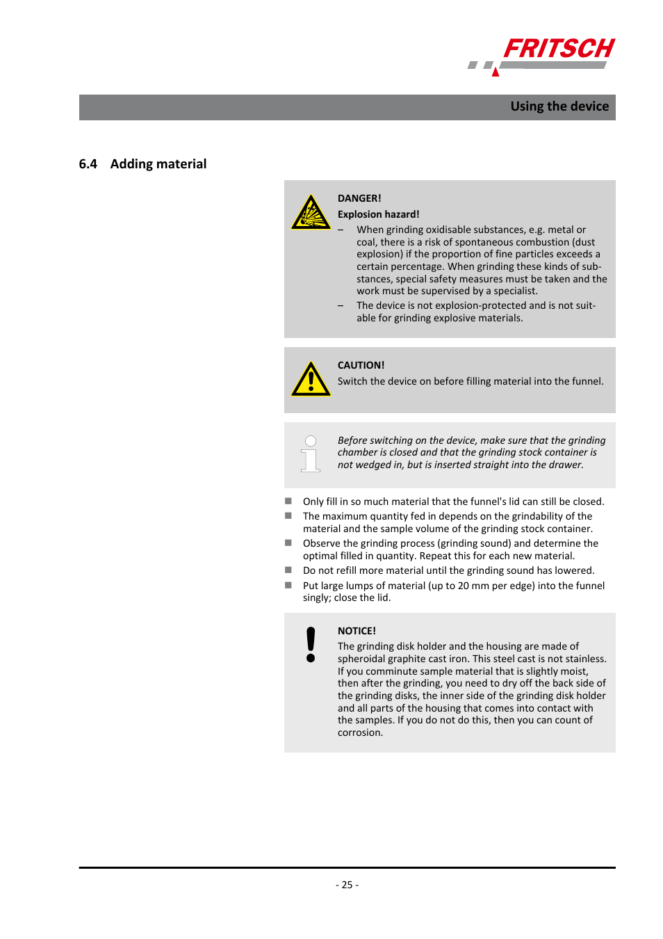 4 adding material, Using the device | FRITSCH PULVERISETTE 13 classic line User Manual | Page 25 / 48