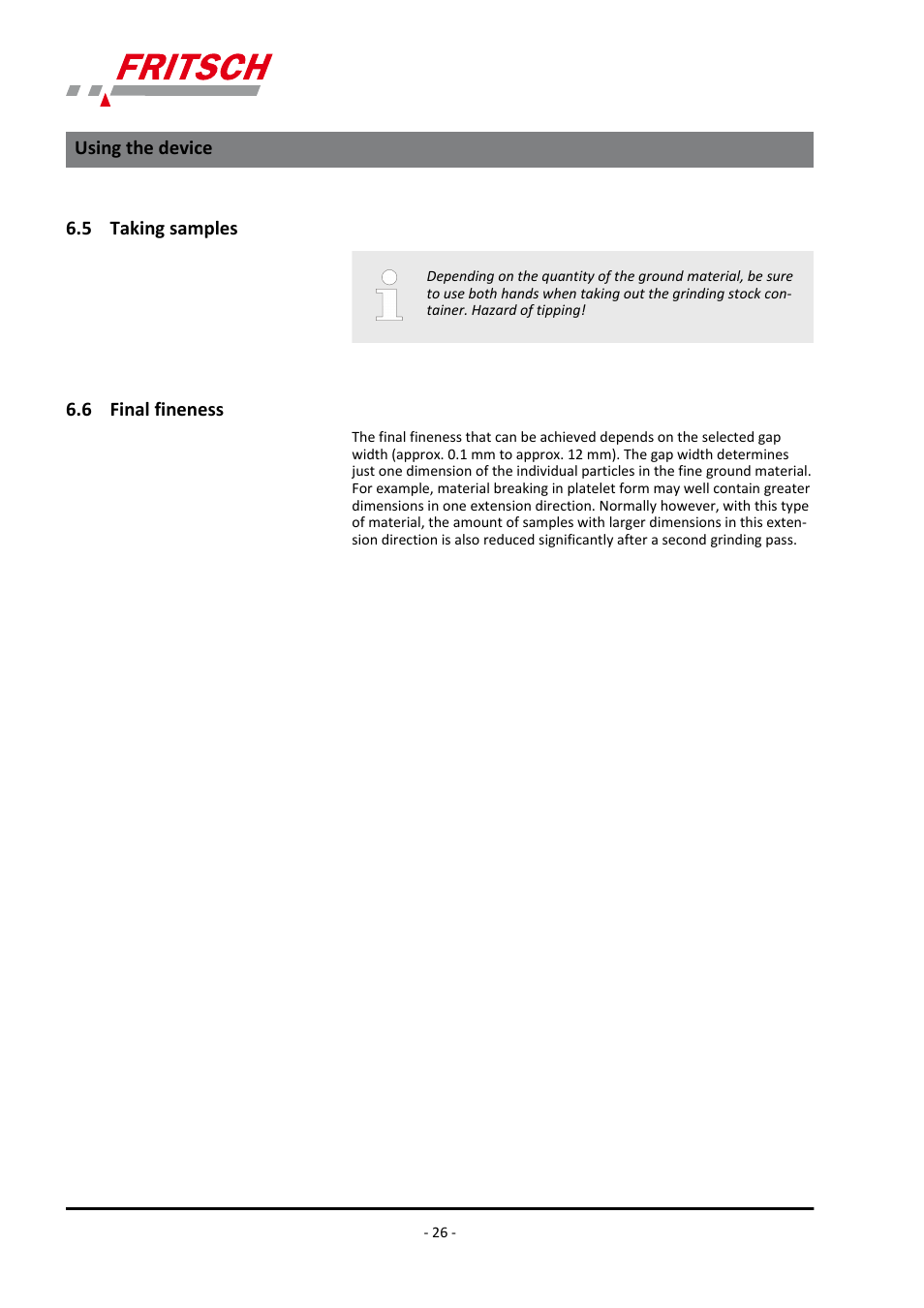 5 taking samples, 6 final fineness, 5 taking samples 6.6 final fineness | Using the device | FRITSCH PULVERISETTE 13 classic line User Manual | Page 26 / 48