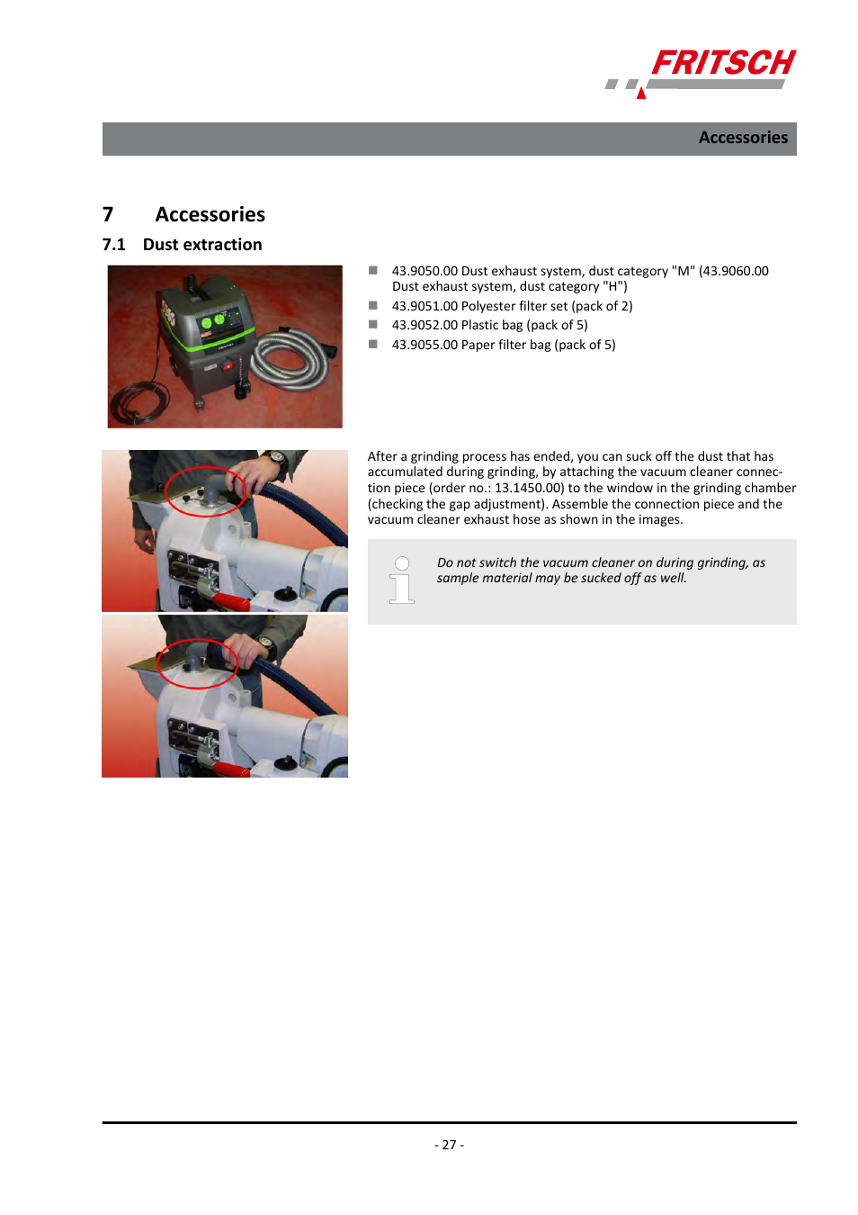 7 accessories, 1 dust extraction, Accessories 7.1 dust extraction | 7accessories | FRITSCH PULVERISETTE 13 classic line User Manual | Page 27 / 48