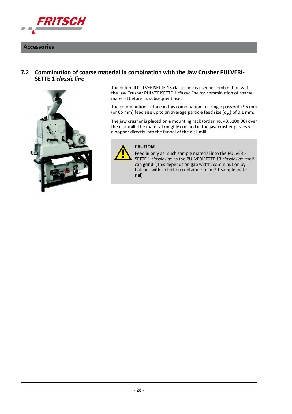 Jaw crusher pulverisette 1 classic line, Accessories | FRITSCH PULVERISETTE 13 classic line User Manual | Page 28 / 48