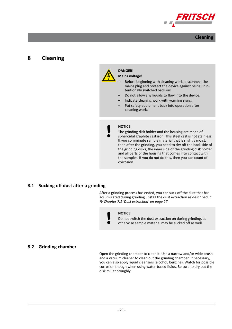 8 cleaning, 1 sucking off dust after a grinding, 2 grinding chamber | 8cleaning | FRITSCH PULVERISETTE 13 classic line User Manual | Page 29 / 48