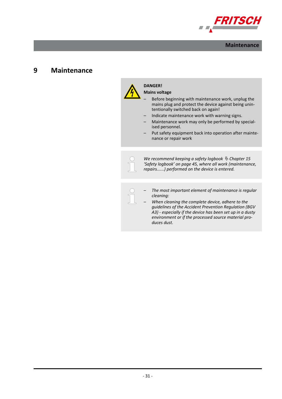 9 maintenance, Maintenance, 9maintenance | FRITSCH PULVERISETTE 13 classic line User Manual | Page 31 / 48