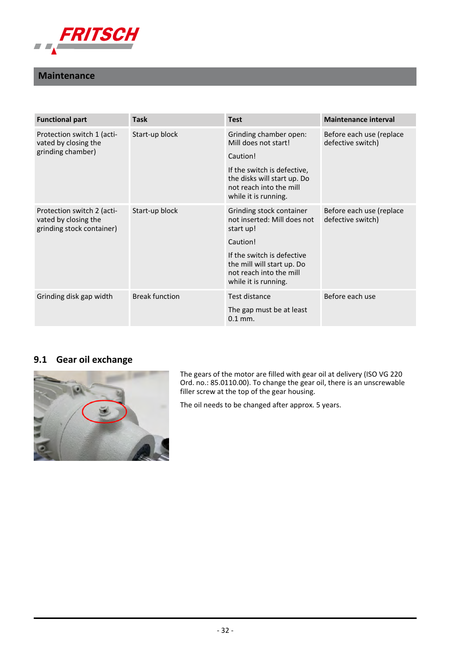 1 gear oil exchange, Maintenance | FRITSCH PULVERISETTE 13 classic line User Manual | Page 32 / 48