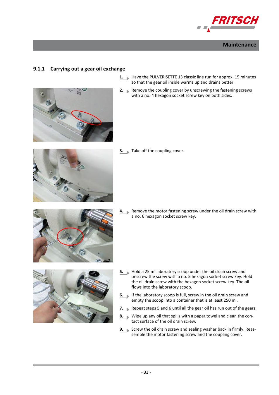 1 carrying out a gear oil exchange, Maintenance | FRITSCH PULVERISETTE 13 classic line User Manual | Page 33 / 48