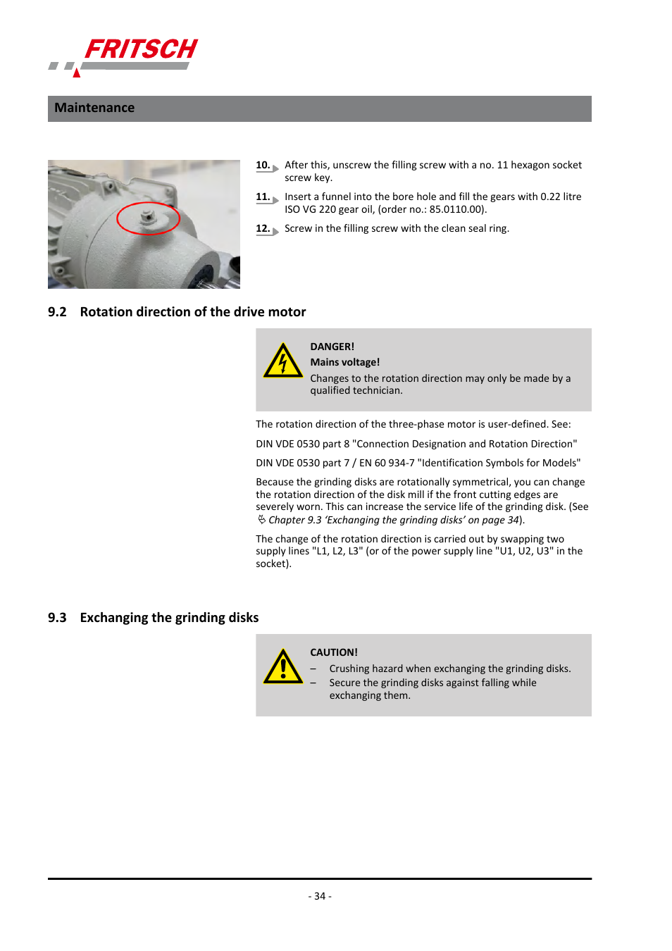 2 rotation direction of the drive motor, 3 exchanging the grinding disks, Maintenance | FRITSCH PULVERISETTE 13 classic line User Manual | Page 34 / 48