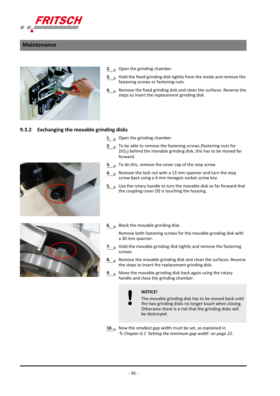 2 exchanging the movable grinding disks, Ä chapter 9.3.2 ‘exchanging the, Maintenance | FRITSCH PULVERISETTE 13 classic line User Manual | Page 36 / 48