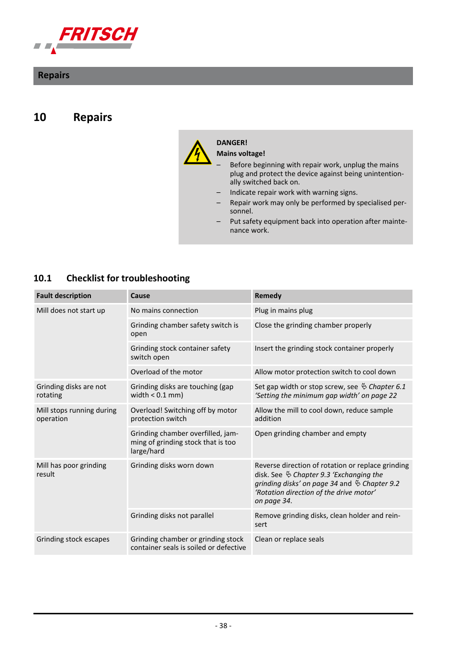 10 repairs, 1 checklist for troubleshooting, Repairs 10.1 checklist for troubleshooting | Repairs | FRITSCH PULVERISETTE 13 classic line User Manual | Page 38 / 48