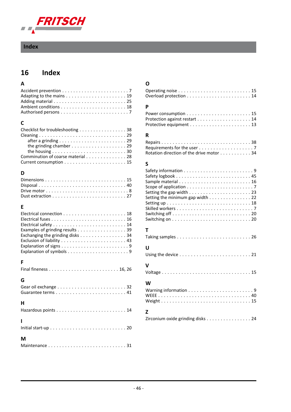 16 index, Index | FRITSCH PULVERISETTE 13 classic line User Manual | Page 46 / 48