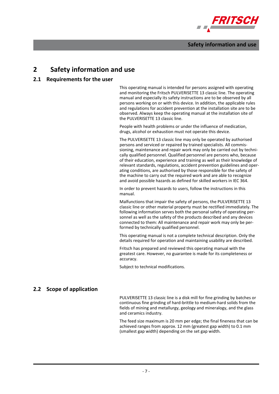 2 safety information and use, 1 requirements for the user, 2 scope of application | 2safety information and use | FRITSCH PULVERISETTE 13 classic line User Manual | Page 7 / 48