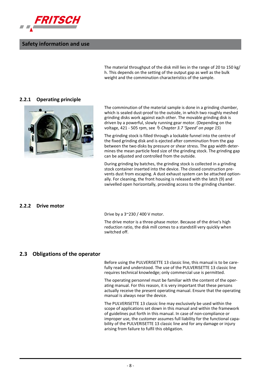 1 operating principle, 2 drive motor, 3 obligations of the operator | Safety information and use | FRITSCH PULVERISETTE 13 classic line User Manual | Page 8 / 48