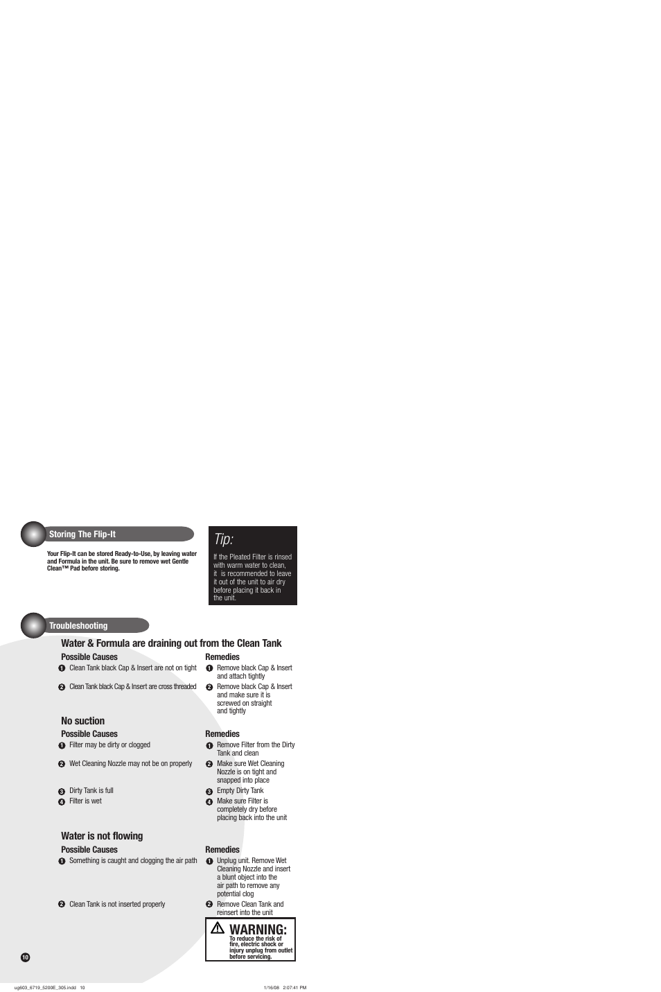 Warning, No suction, Water is not flowing | Bissell 5200 User Manual | Page 10 / 12