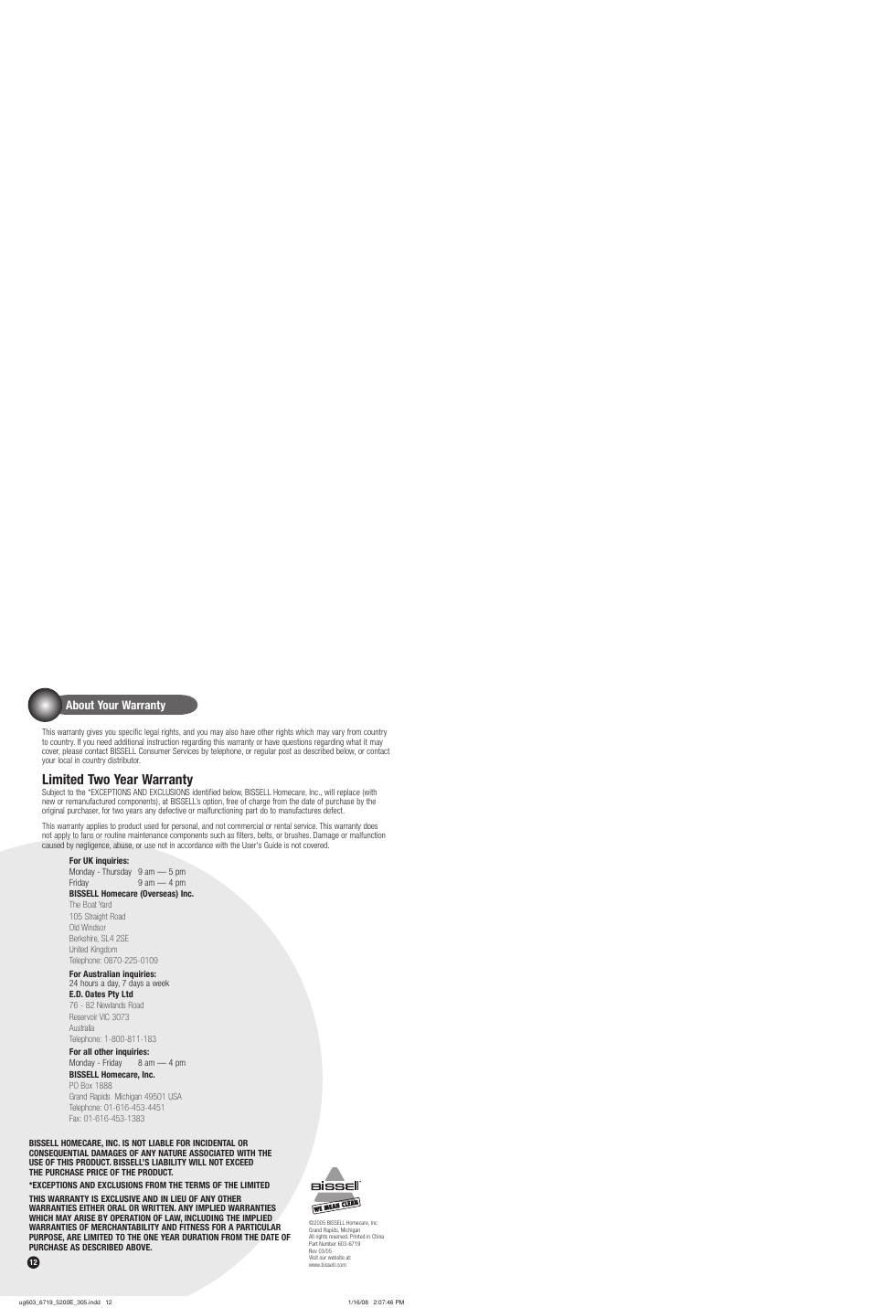 Limited two year warranty, About your warranty | Bissell 5200 User Manual | Page 12 / 12