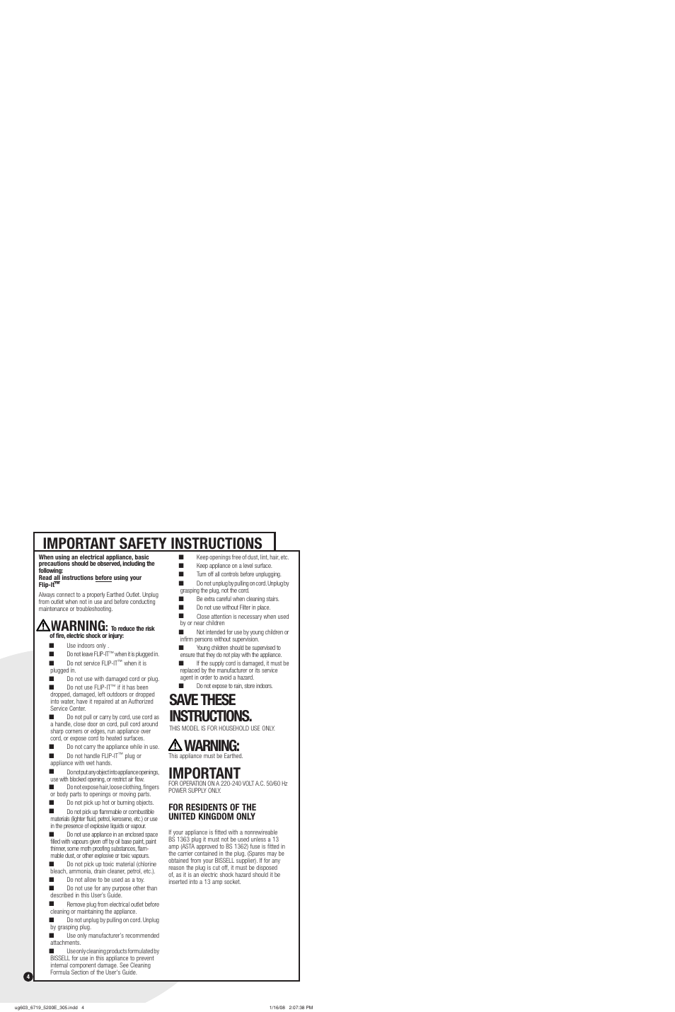Important safety instructions, Save these instructions, Important | Warning | Bissell 5200 User Manual | Page 4 / 12