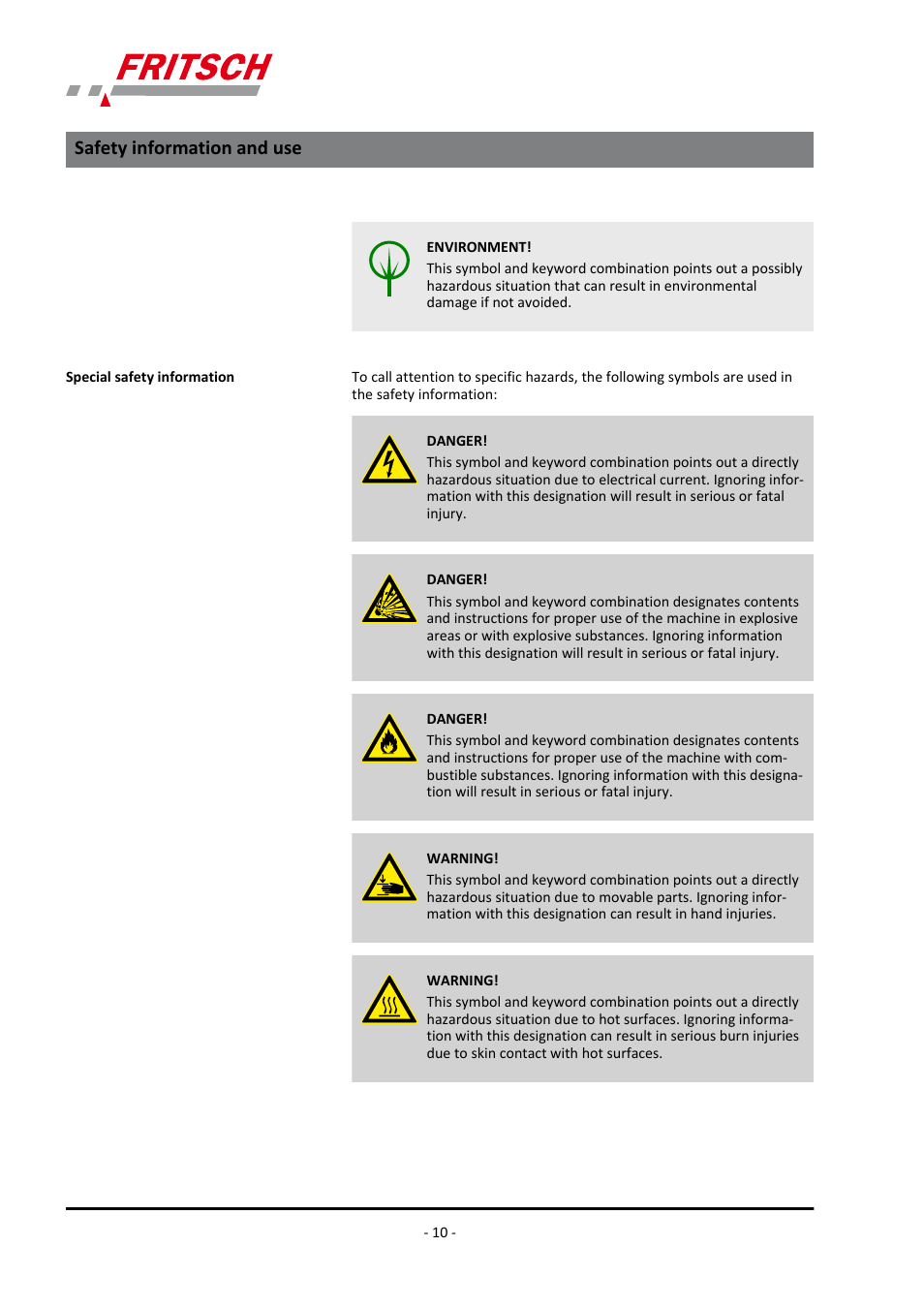 Safety information and use | FRITSCH PULVERISETTE 9 User Manual | Page 10 / 48