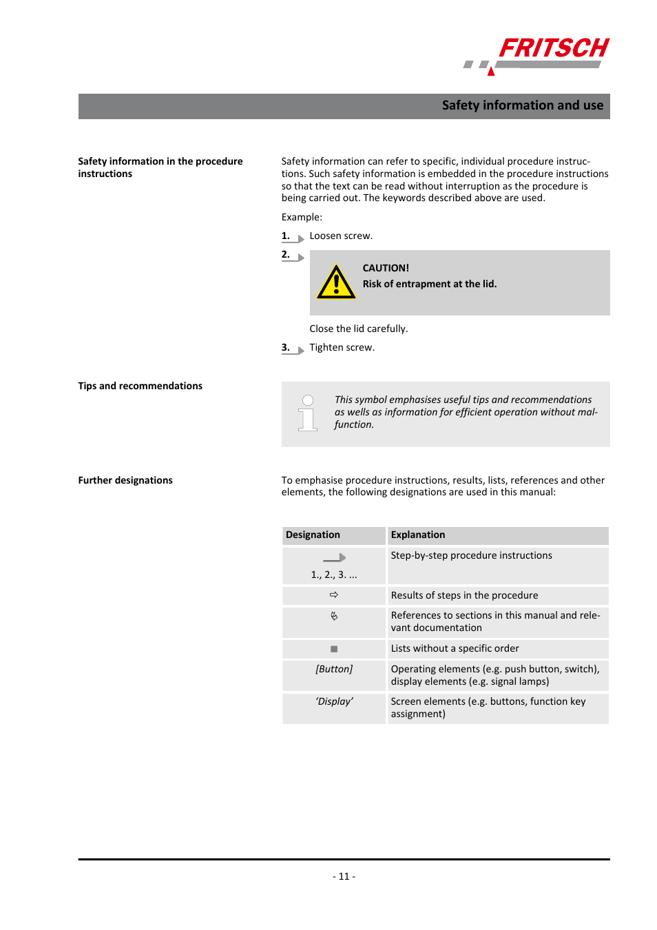 Safety information and use | FRITSCH PULVERISETTE 9 User Manual | Page 11 / 48