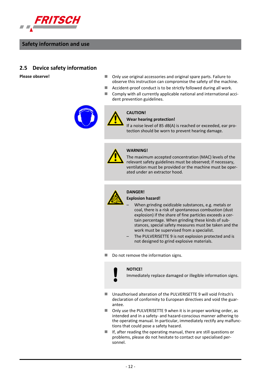 5 device safety information, Safety information and use | FRITSCH PULVERISETTE 9 User Manual | Page 12 / 48