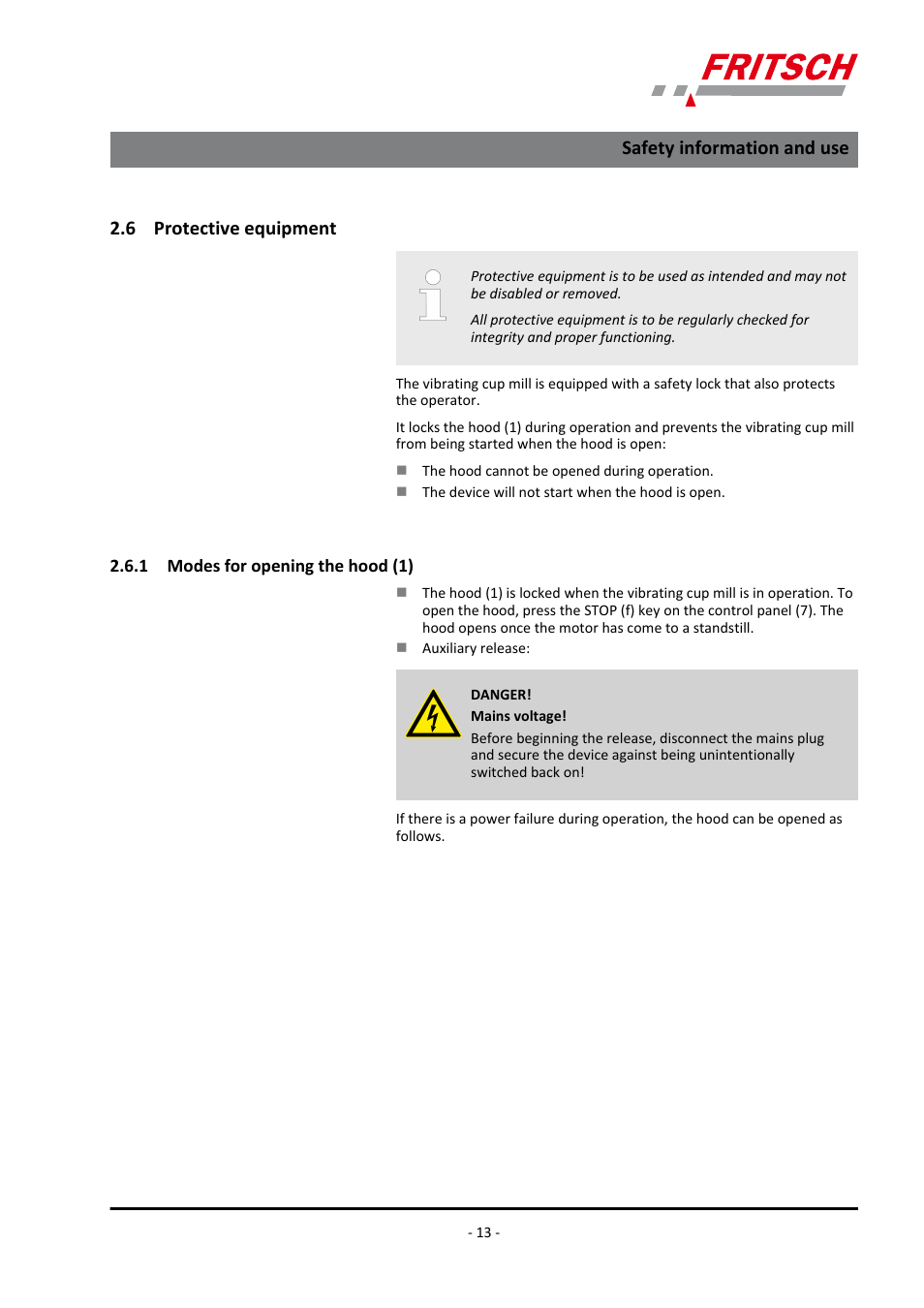6 protective equipment, 1 modes for opening the hood (1), Safety information and use | FRITSCH PULVERISETTE 9 User Manual | Page 13 / 48