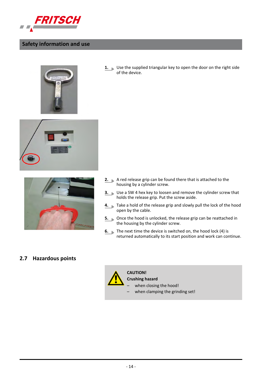 7 hazardous points, Safety information and use | FRITSCH PULVERISETTE 9 User Manual | Page 14 / 48