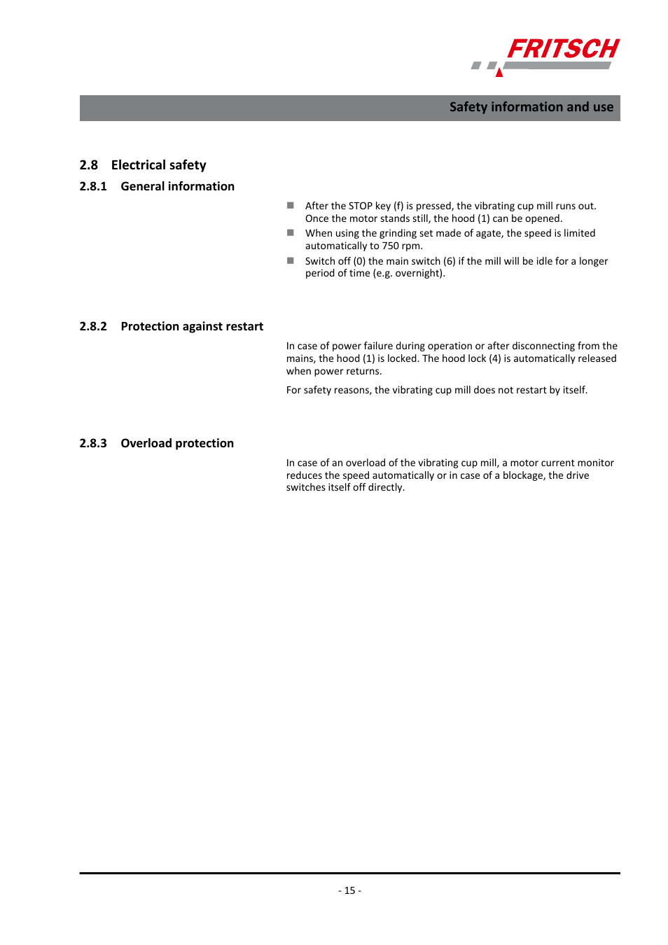 8 electrical safety, 1 general information, 2 protection against restart | 3 overload protection | FRITSCH PULVERISETTE 9 User Manual | Page 15 / 48