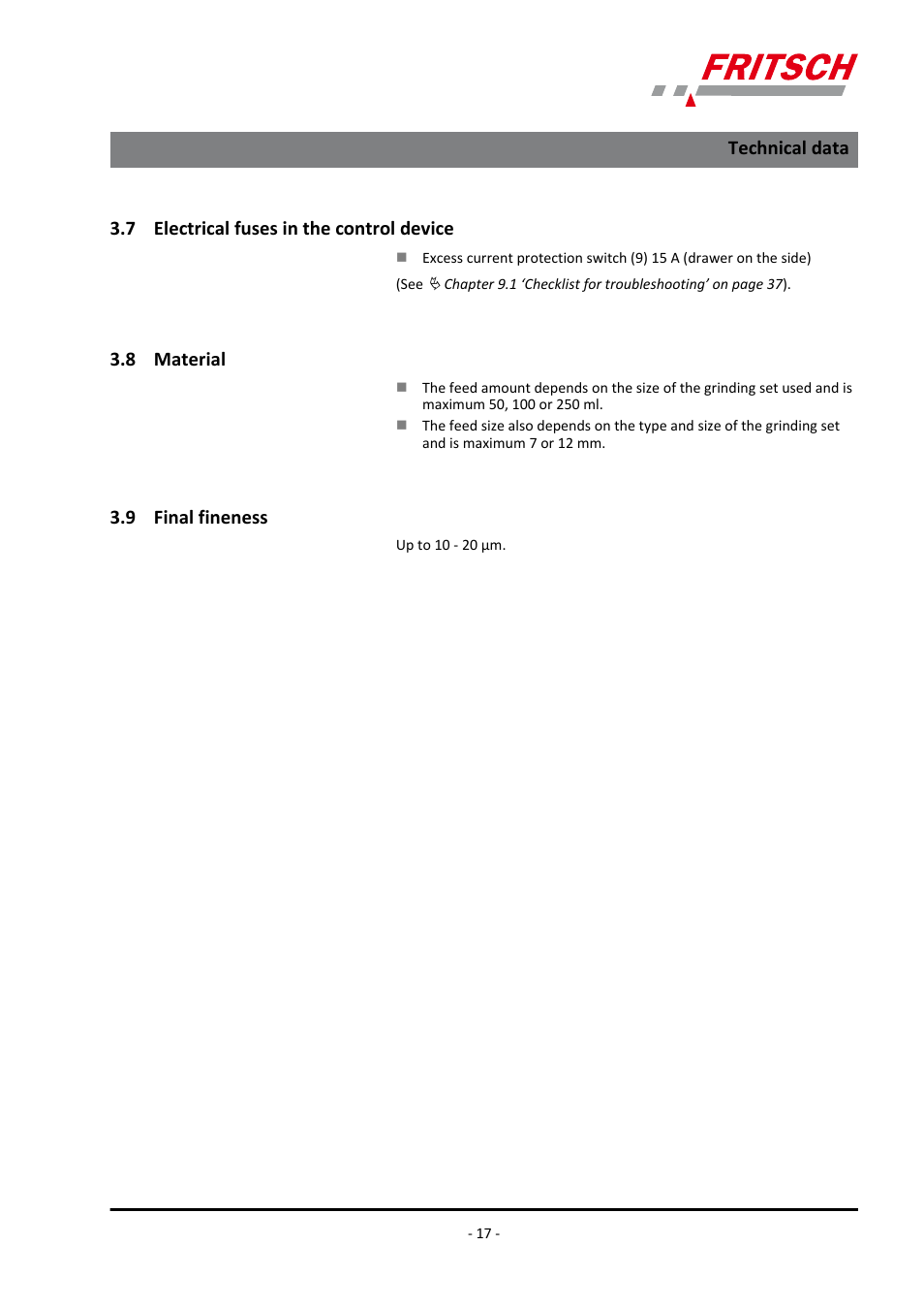 7 electrical fuses in the control device, 8 material, 9 final fineness | FRITSCH PULVERISETTE 9 User Manual | Page 17 / 48