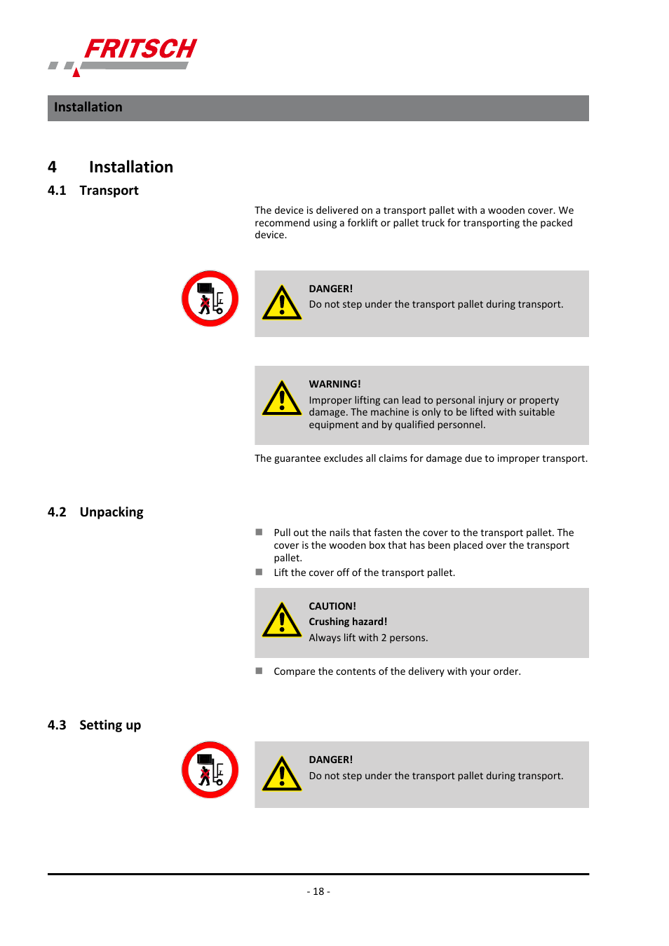 4 installation, 1 transport, 2 unpacking | 3 setting up, 4installation | FRITSCH PULVERISETTE 9 User Manual | Page 18 / 48