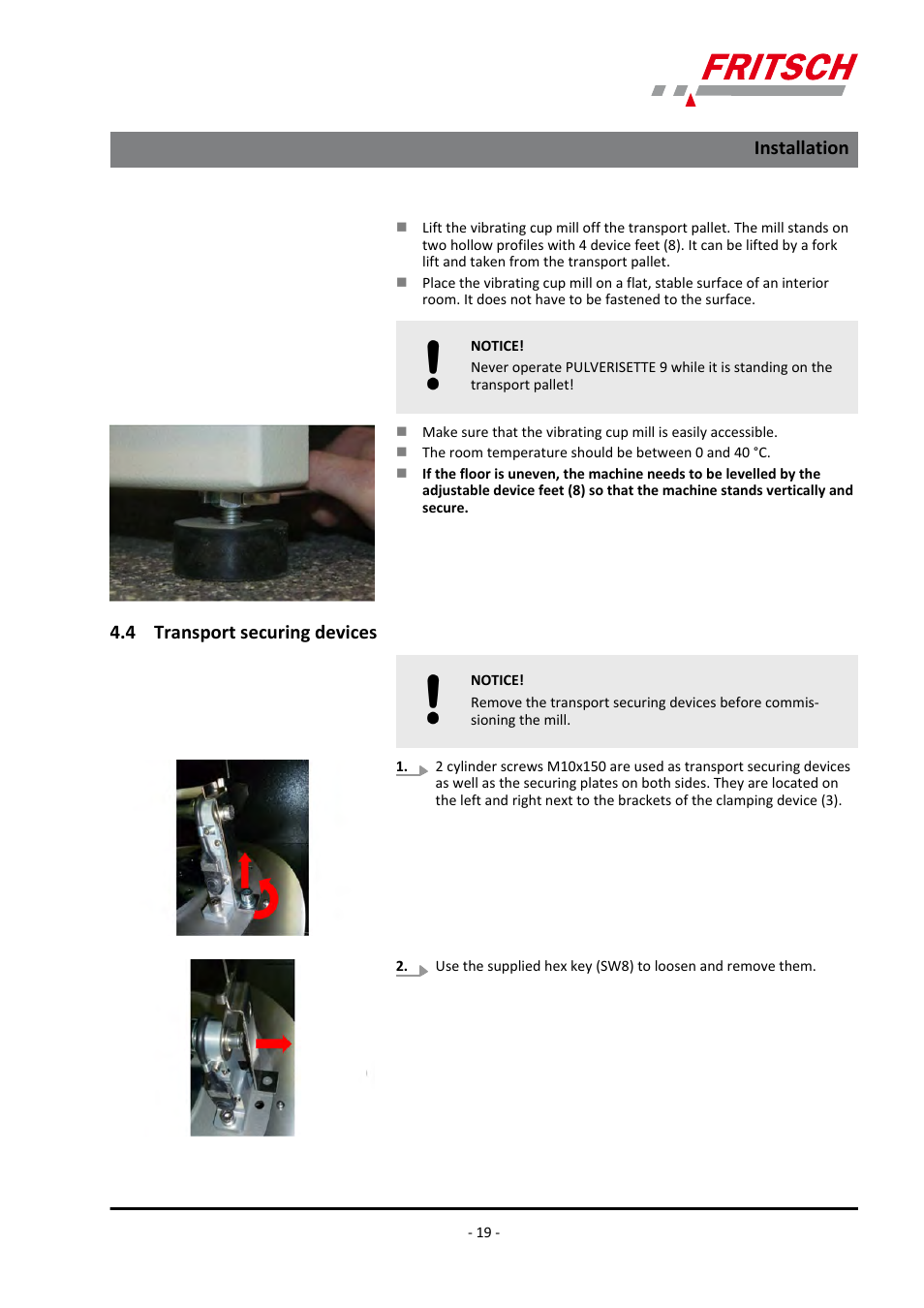 4 transport securing devices, Installation | FRITSCH PULVERISETTE 9 User Manual | Page 19 / 48