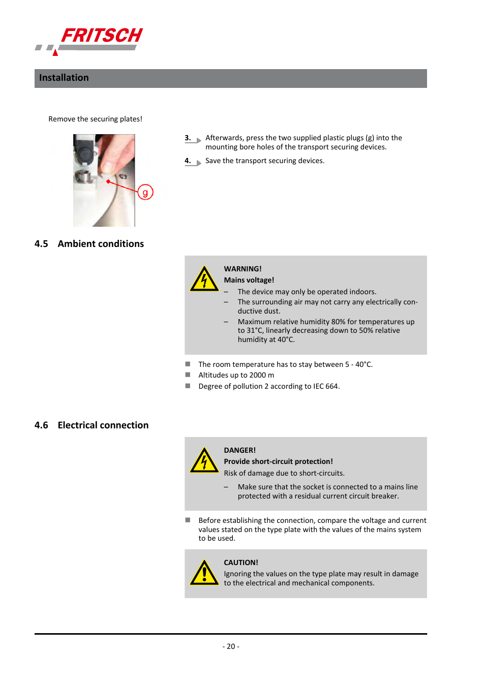 5 ambient conditions, 6 electrical connection, 5 ambient conditions 4.6 electrical connection | Installation | FRITSCH PULVERISETTE 9 User Manual | Page 20 / 48