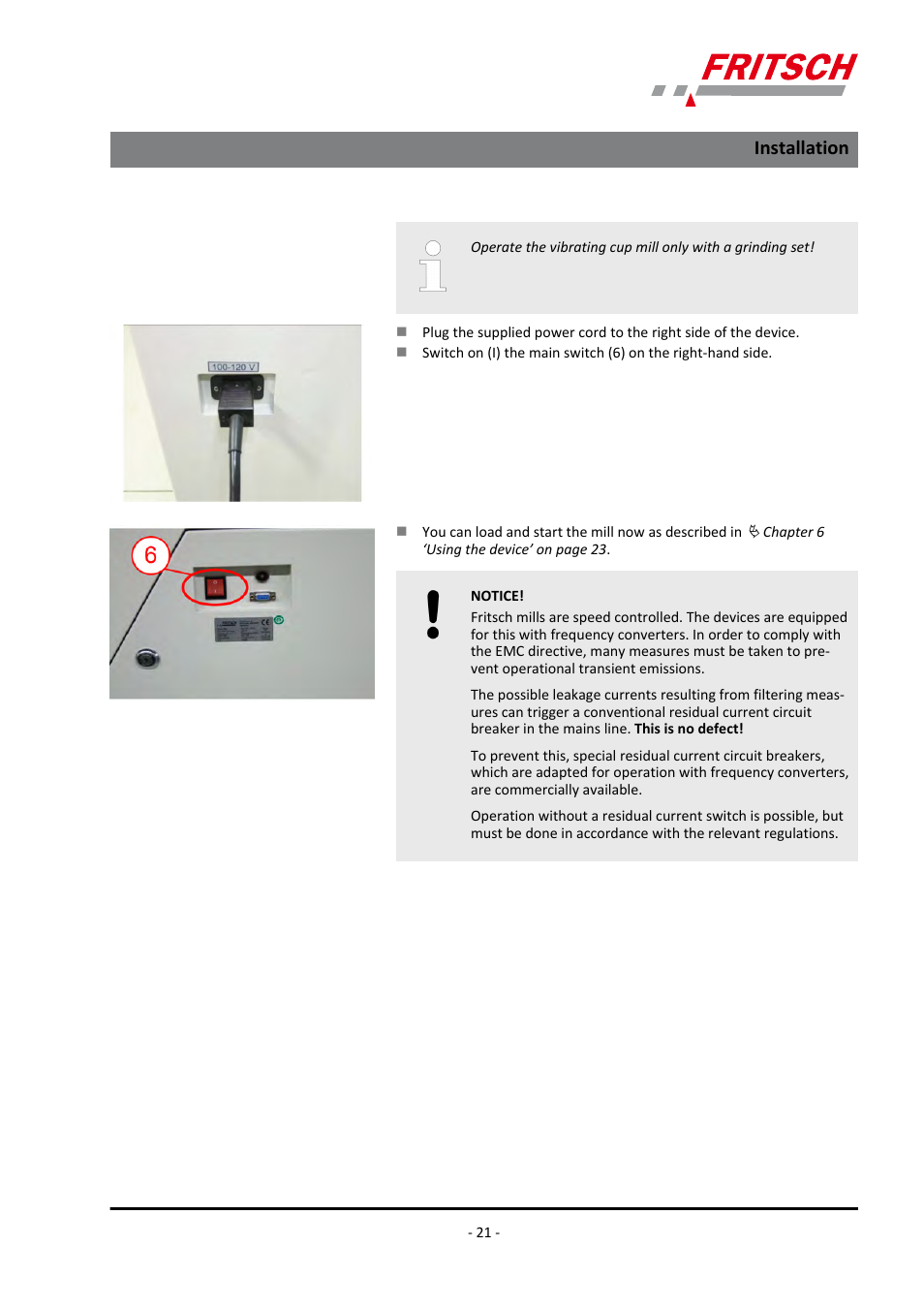 Installation | FRITSCH PULVERISETTE 9 User Manual | Page 21 / 48