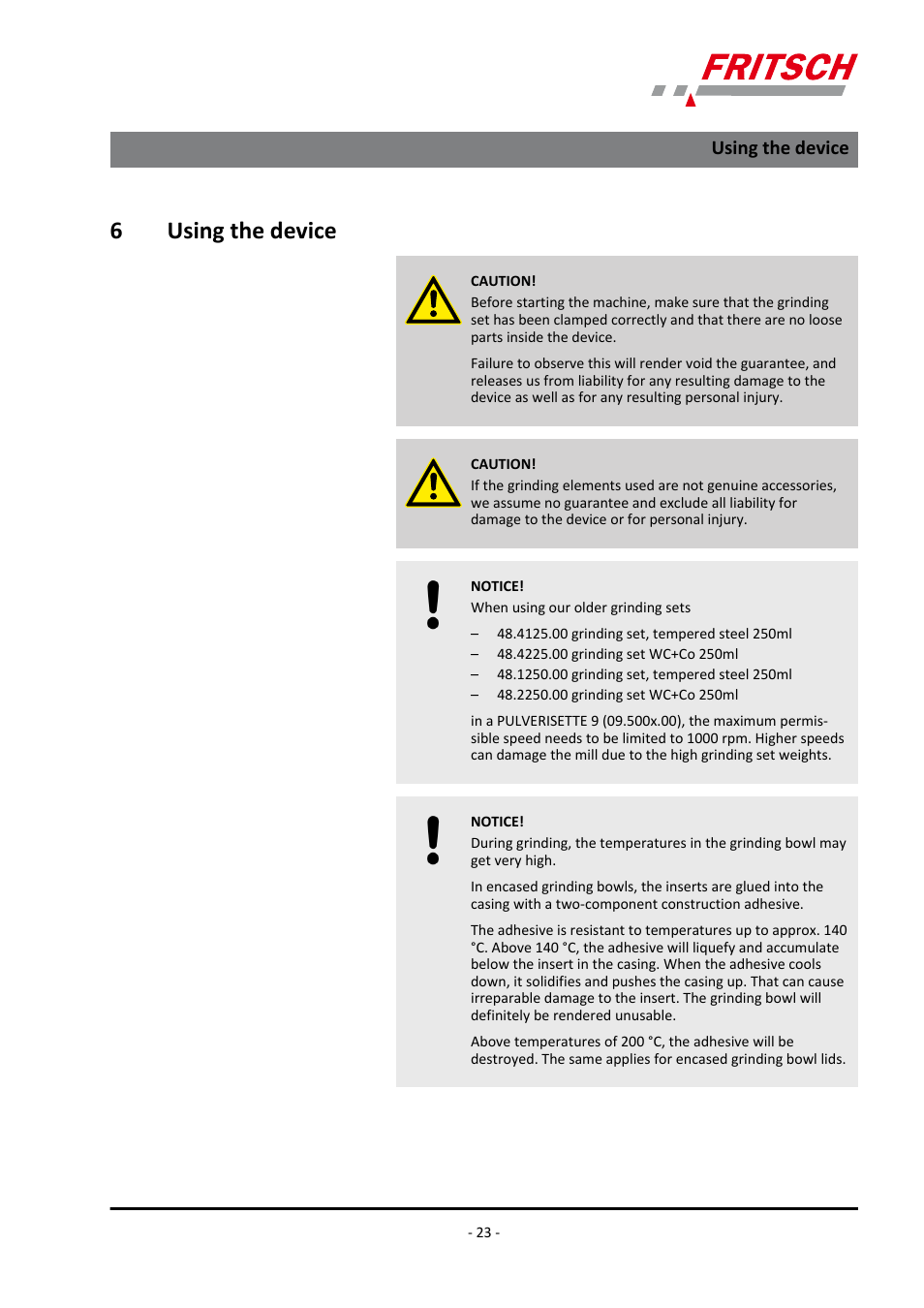 6 using the device, Using the device, 6using the device | FRITSCH PULVERISETTE 9 User Manual | Page 23 / 48