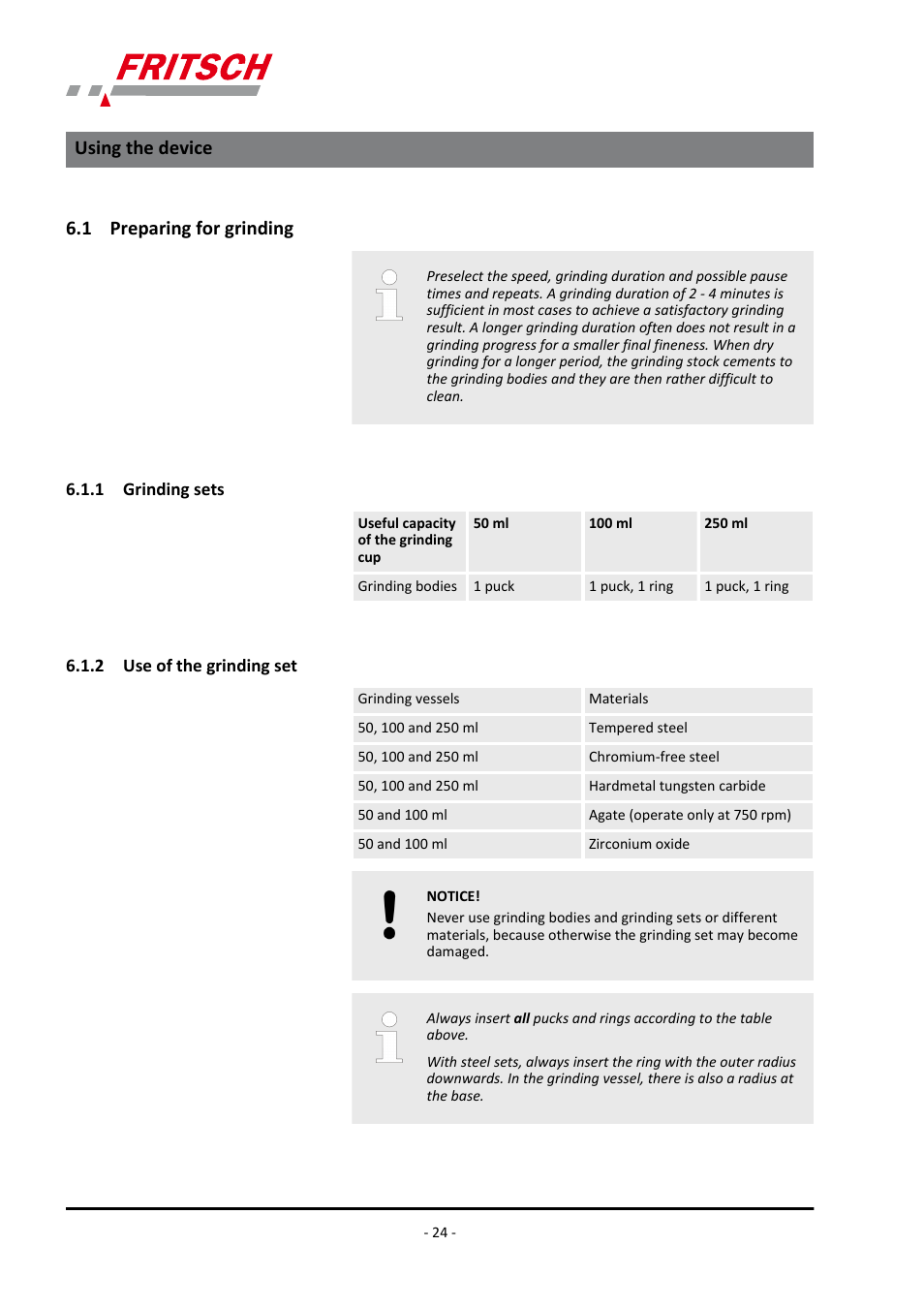 1 preparing for grinding, 1 grinding sets, 2 use of the grinding set | Using the device | FRITSCH PULVERISETTE 9 User Manual | Page 24 / 48