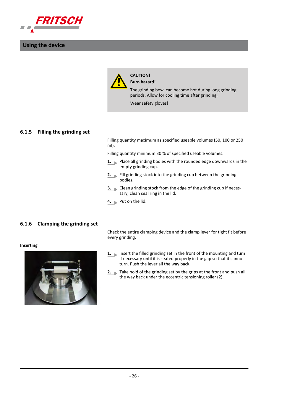 5 filling the grinding set, 6 clamping the grinding set, Using the device | FRITSCH PULVERISETTE 9 User Manual | Page 26 / 48