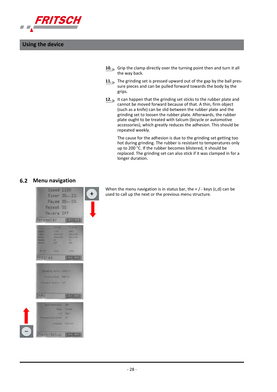 2 menu navigation, Using the device | FRITSCH PULVERISETTE 9 User Manual | Page 28 / 48