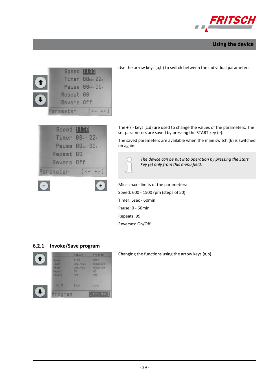 1 invoke/save program, Using the device | FRITSCH PULVERISETTE 9 User Manual | Page 29 / 48