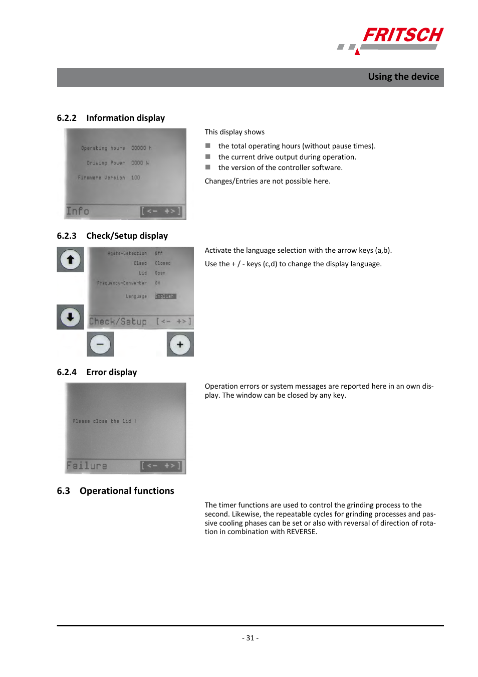 2 information display, 3 check/setup display, 4 error display | 3 operational functions | FRITSCH PULVERISETTE 9 User Manual | Page 31 / 48