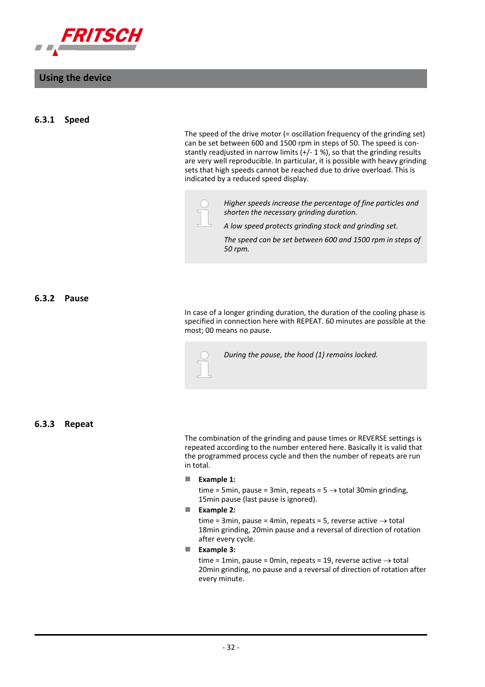 1 speed, 2 pause, 3 repeat | 1 speed 6.3.2 pause 6.3.3 repeat, Using the device | FRITSCH PULVERISETTE 9 User Manual | Page 32 / 48