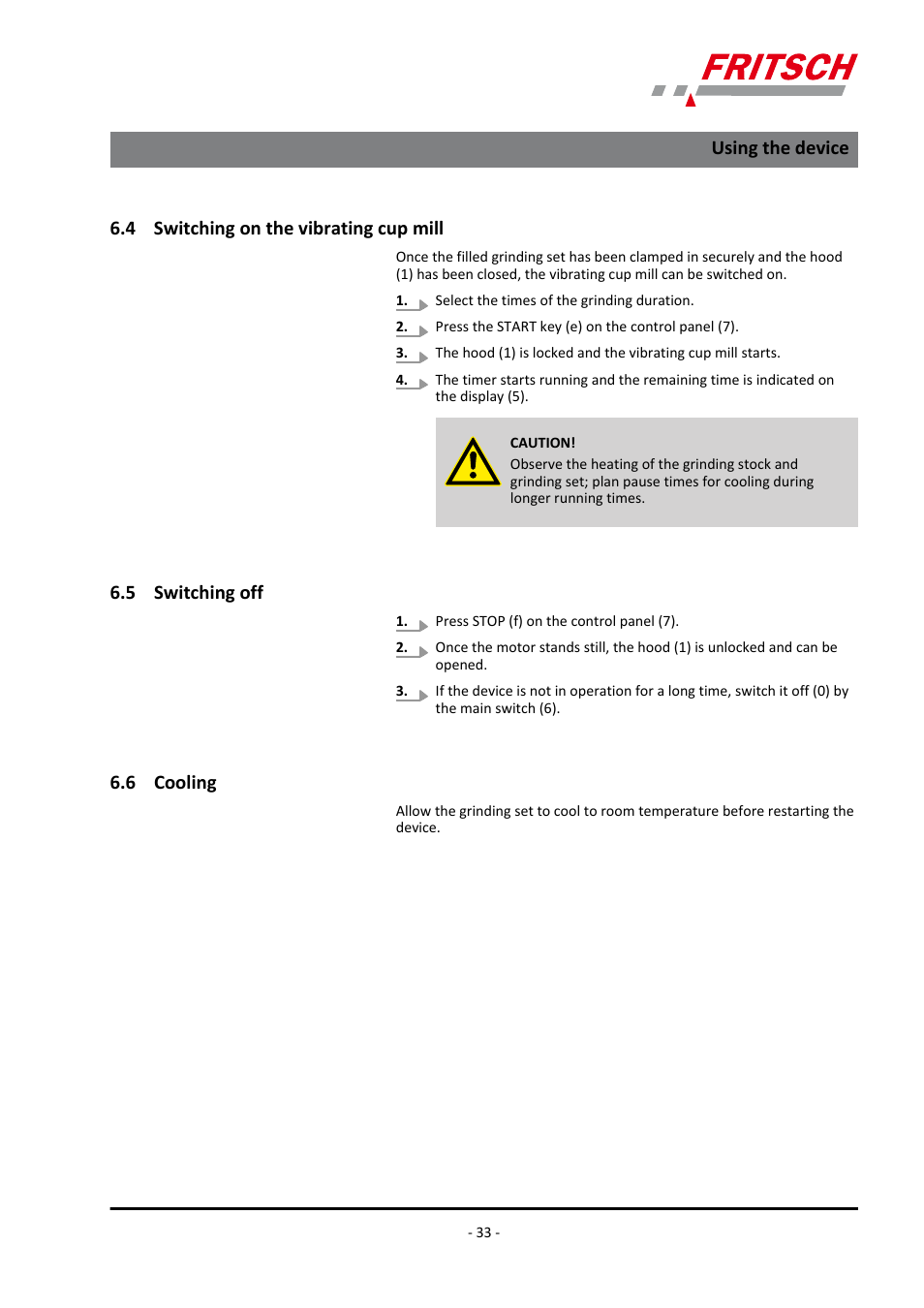 4 switching on the vibrating cup mill, 5 switching off, 6 cooling | Using the device | FRITSCH PULVERISETTE 9 User Manual | Page 33 / 48