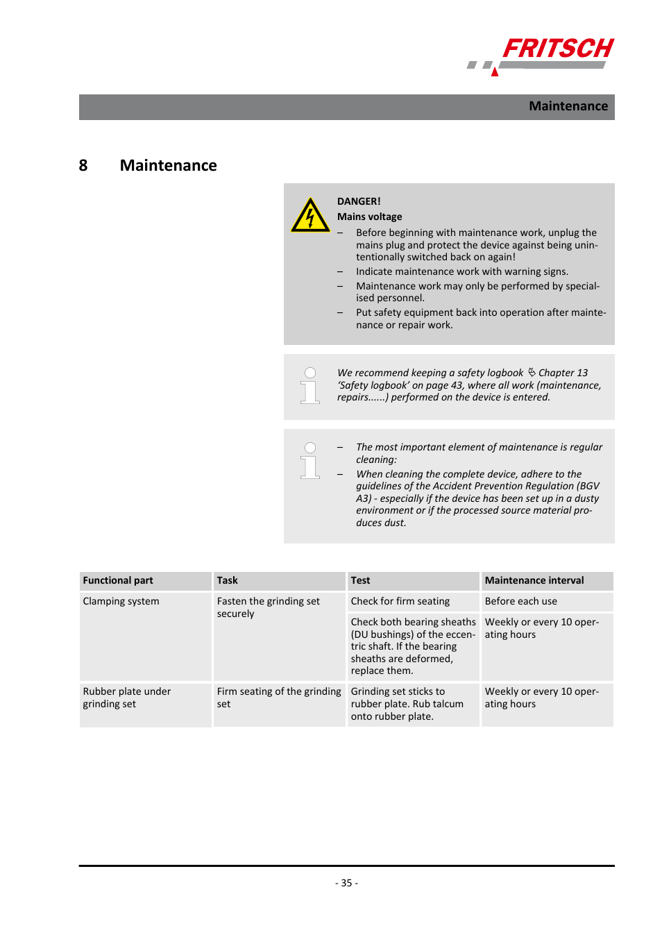 8 maintenance, Maintenance, 8maintenance | FRITSCH PULVERISETTE 9 User Manual | Page 35 / 48