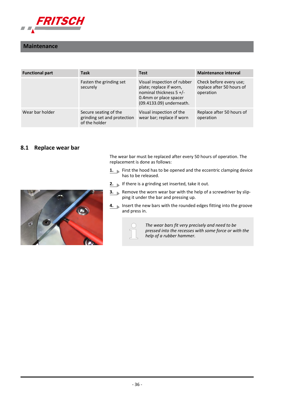 1 replace wear bar, Maintenance | FRITSCH PULVERISETTE 9 User Manual | Page 36 / 48