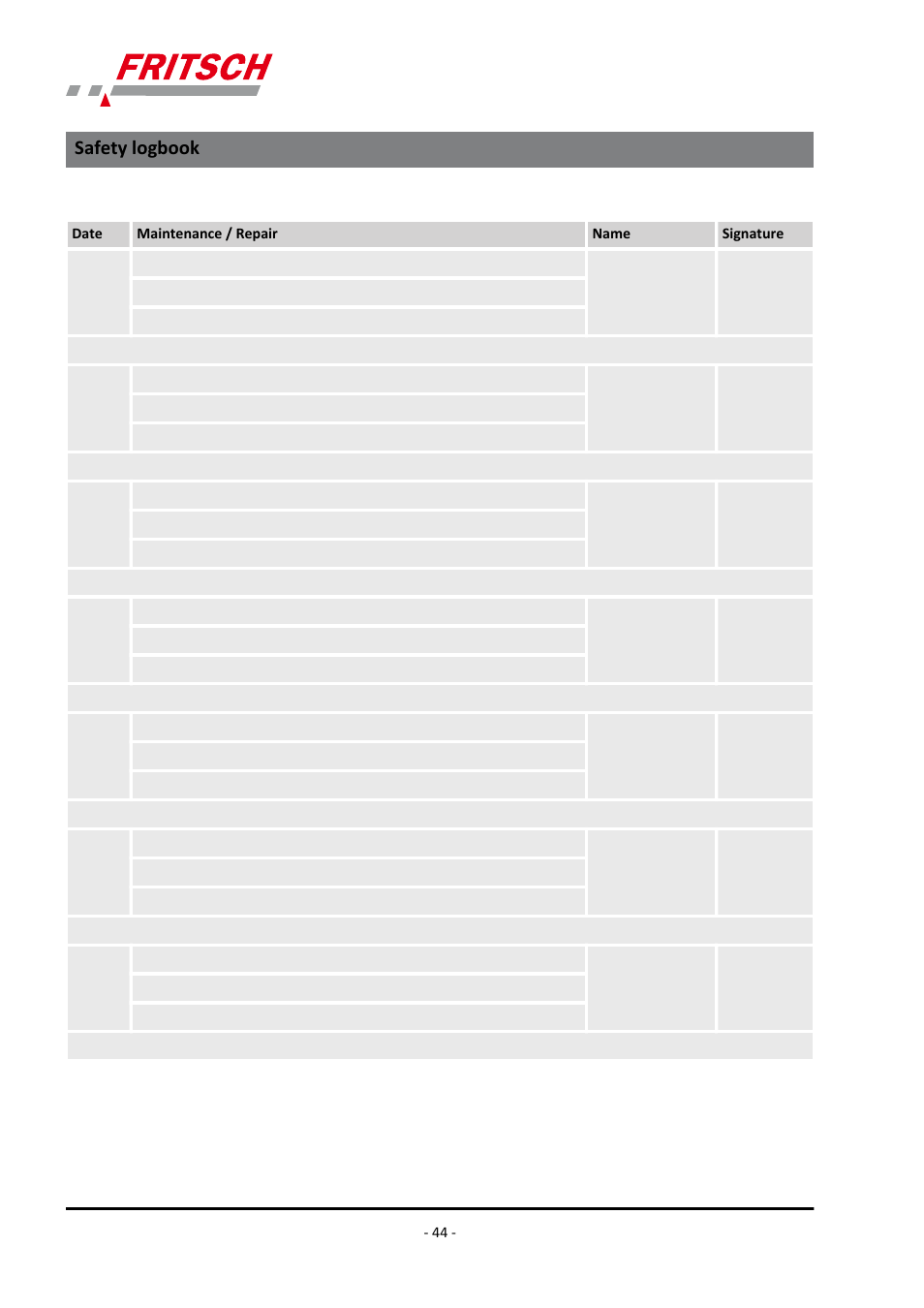 Safety logbook | FRITSCH PULVERISETTE 9 User Manual | Page 44 / 48